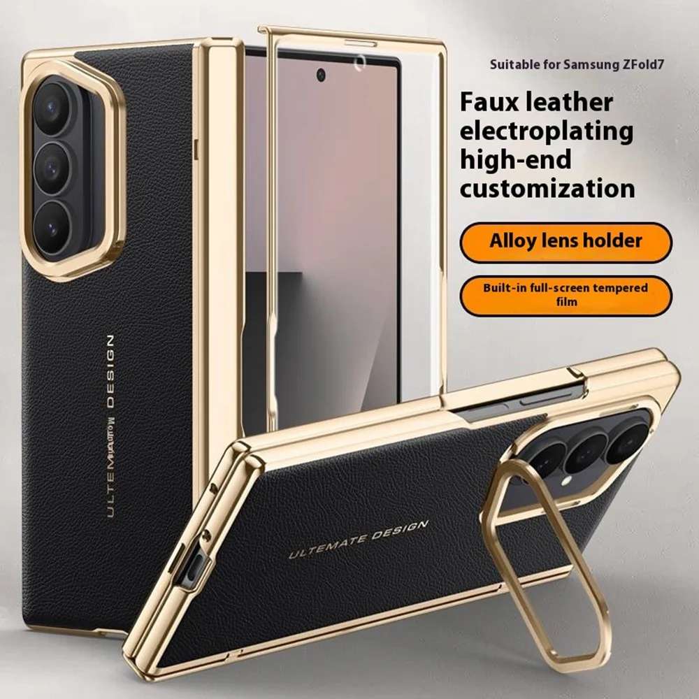 For Samsung Galaxy Z Fold7 5G Case Leather + PC Electroplated Phone Cover with HD Tempered Glass Film, Lens Kickstand - Blue - Image 2