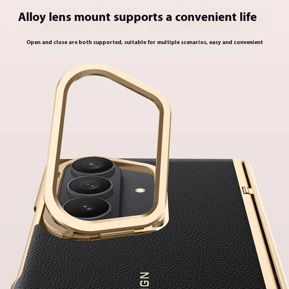 For Samsung Galaxy Z Fold7 5G Case Leather + PC Electroplated Phone Cover with HD Tempered Glass Film, Lens Kickstand - Blue - Image 3