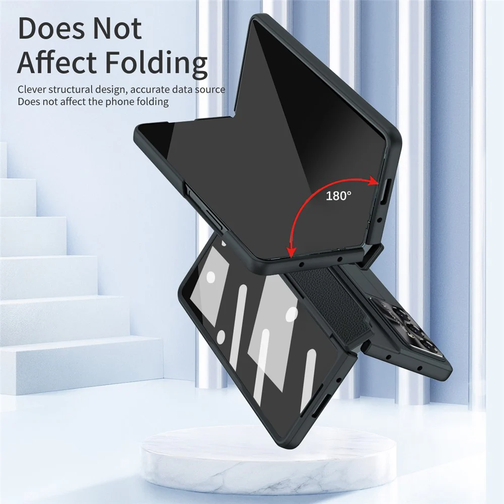 For Samsung Galaxy Z Fold7 5G Case Leather + PC Kickstand Phone Cover with Tempered Glass Film - Black - Image 4