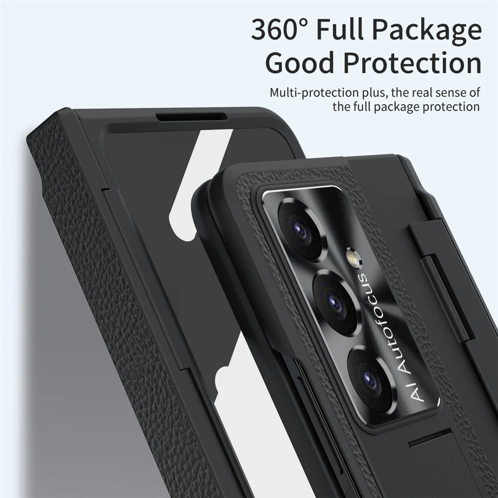 For Samsung Galaxy Z Fold7 5G Case Leather + PC Kickstand Phone Cover with Tempered Glass Film - Black - Image 5