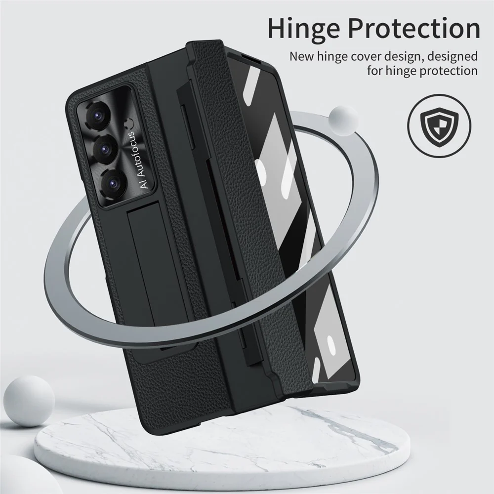 For Samsung Galaxy Z Fold7 5G Case Leather + PC Kickstand Phone Cover with Tempered Glass Film - Black - Image 6