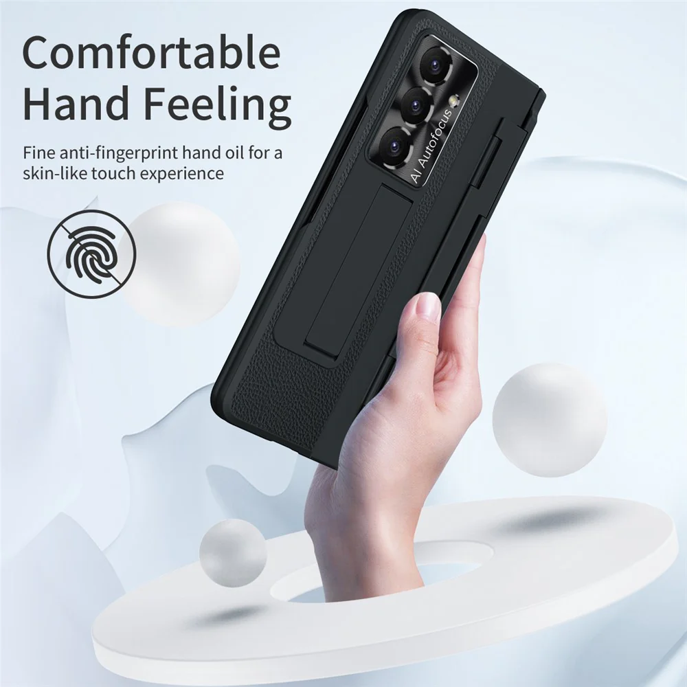 For Samsung Galaxy Z Fold7 5G Case Leather + PC Kickstand Phone Cover with Tempered Glass Film - Black - Image 7