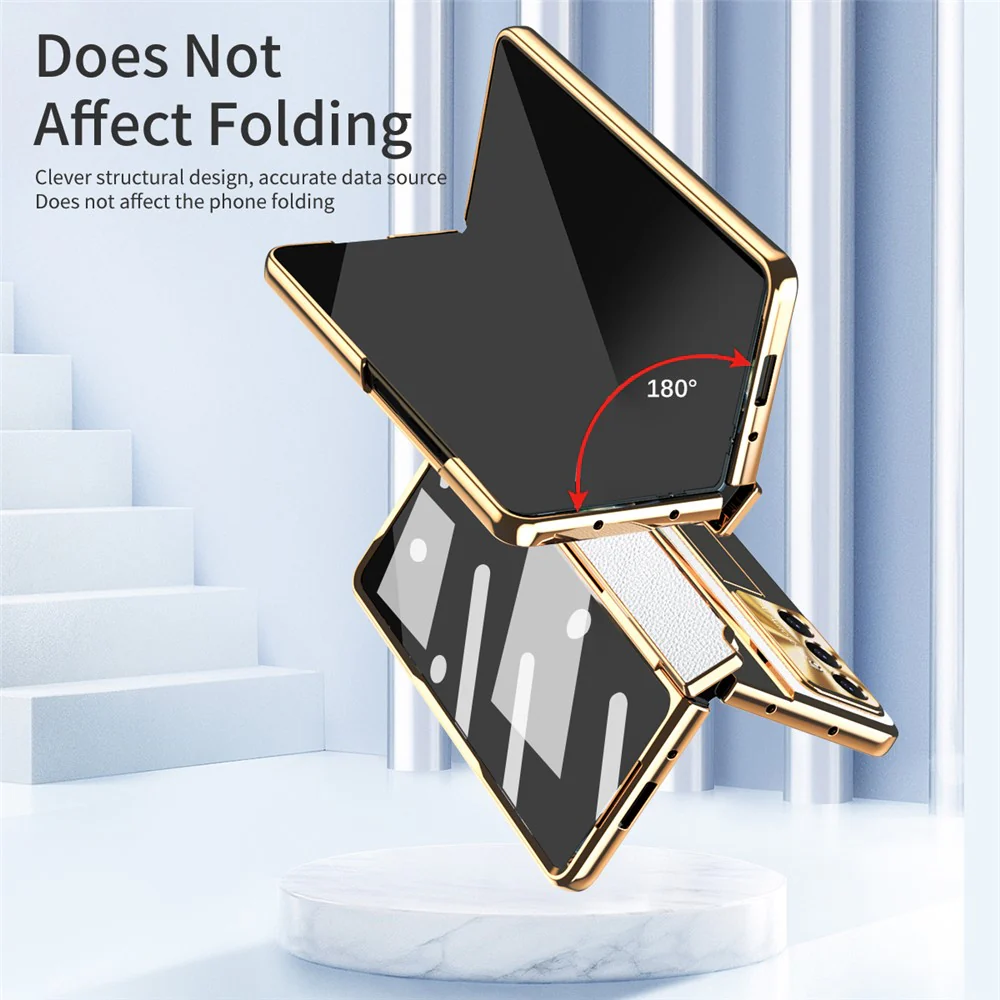 For Samsung Galaxy Z Fold7 5G Case Leather + PC Kickstand Phone Cover with Tempered Glass Film - Gold + White - Image 3