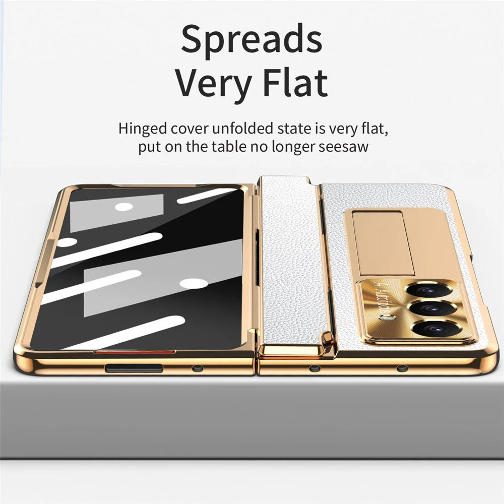 For Samsung Galaxy Z Fold7 5G Case Leather + PC Kickstand Phone Cover with Tempered Glass Film - Gold + White - Image 4