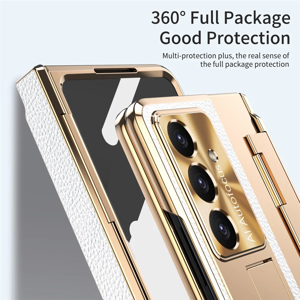 For Samsung Galaxy Z Fold7 5G Case Leather + PC Kickstand Phone Cover with Tempered Glass Film - Gold + White - Image 5