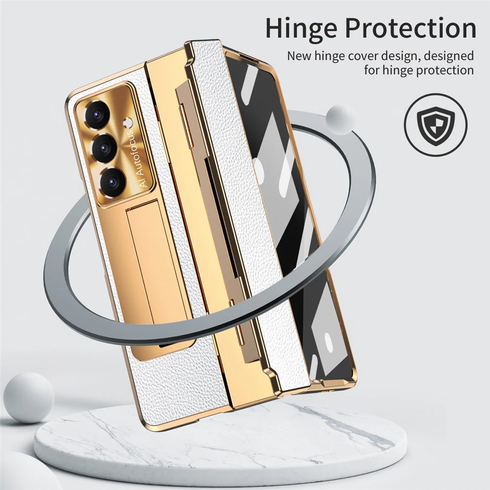 For Samsung Galaxy Z Fold7 5G Case Leather + PC Kickstand Phone Cover with Tempered Glass Film - Gold + White - Image 6