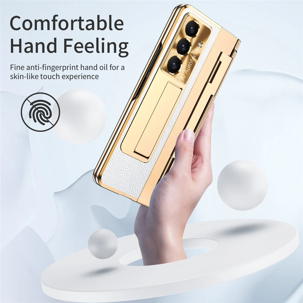 For Samsung Galaxy Z Fold7 5G Case Leather + PC Kickstand Phone Cover with Tempered Glass Film - Gold + White - Image 7