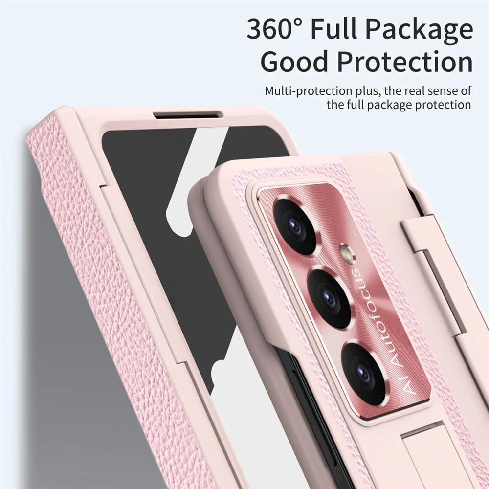 For Samsung Galaxy Z Fold7 5G Case Leather + PC Kickstand Phone Cover with Tempered Glass Film - Pink - Image 5