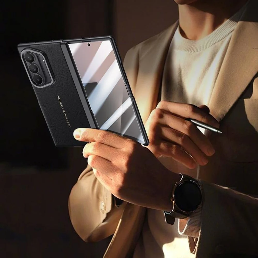 For Samsung Galaxy Z Fold7 5G Case Leather + PC Phone Cover with HD Tempered Glass Film, Lens Kickstand - White - Image 3