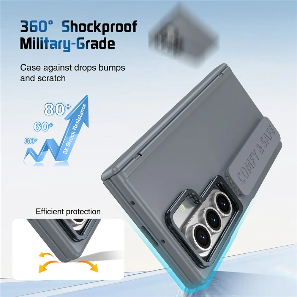 For Samsung Galaxy Z Fold7 5G Case Lens Kickstand Hinge Protection PC Phone Cover with Screen Film - Grey - Image 2