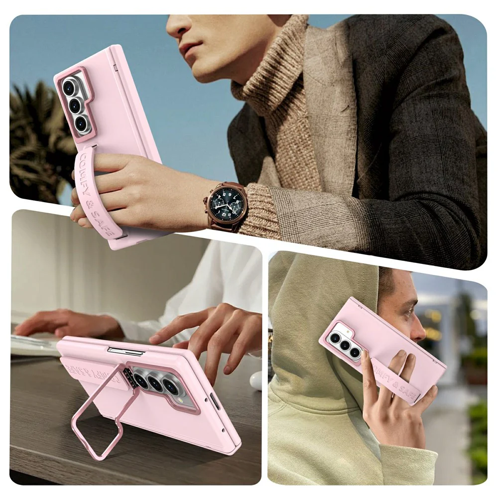 For Samsung Galaxy Z Fold7 5G Case Lens Kickstand Hinge Protection PC Phone Cover with Screen Film - Pink - Image 7