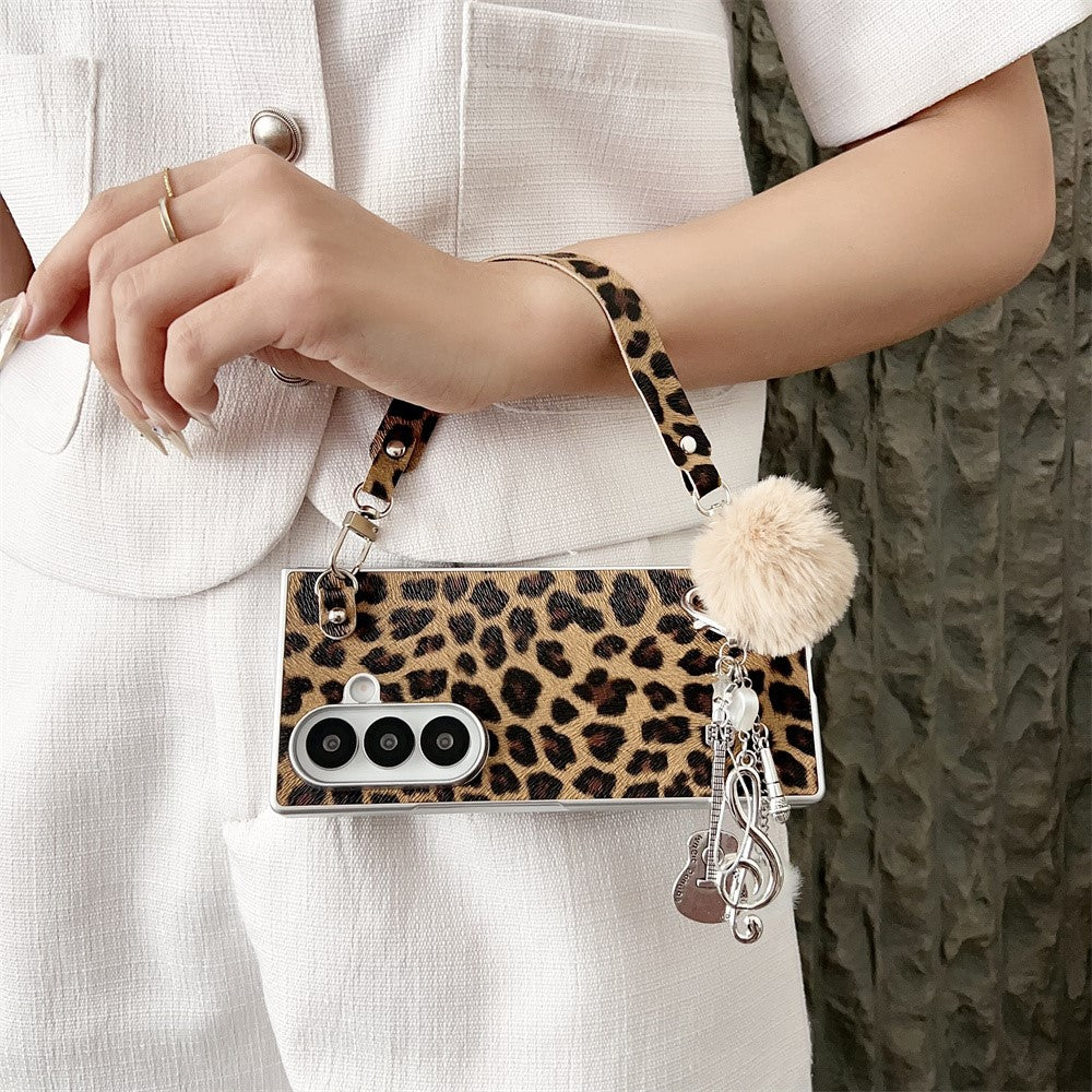 For Samsung Galaxy Z Fold7 5G Case Leopard Print Leather + PC Phone Cover with Guitar Pendant and Strap - Brown - Image 3
