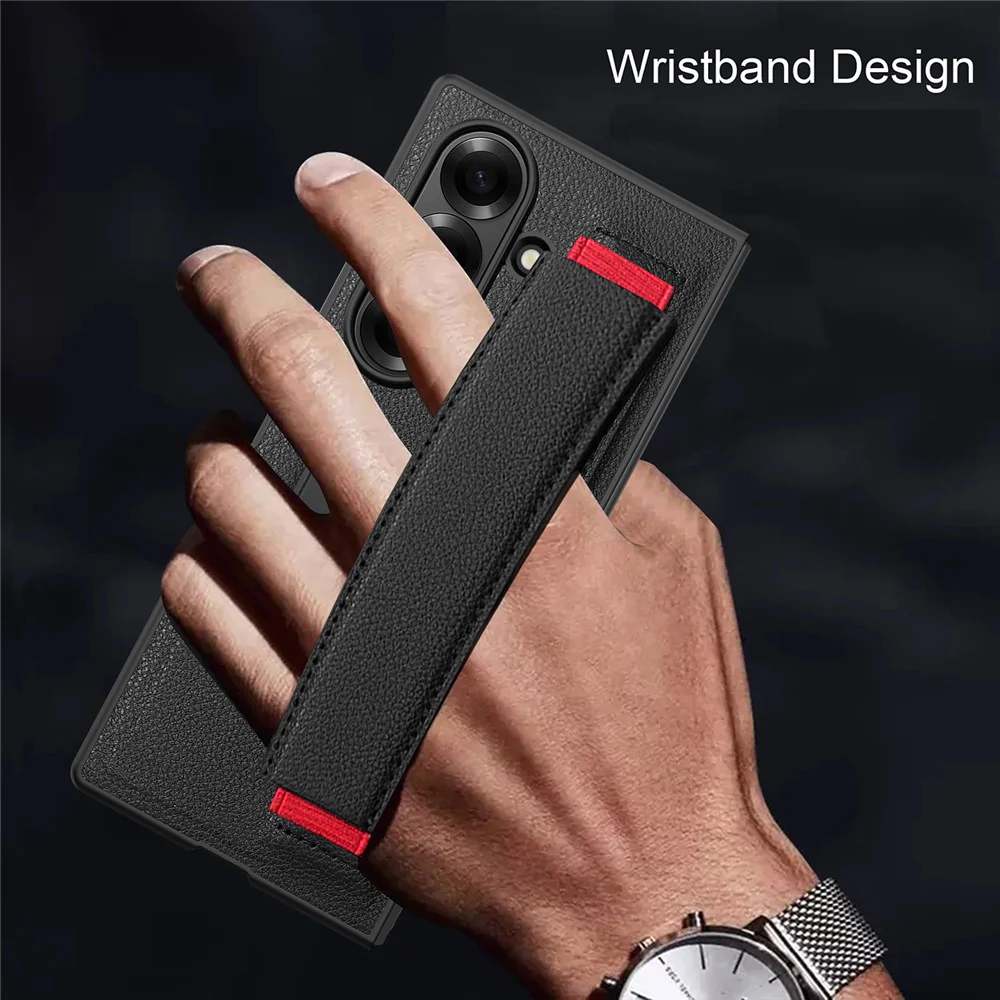 For Samsung Galaxy Z Fold7 5G Case Litchi Texture PU+PC Wristband Phone Cover with Screen  /  Lens Film - Blue - Image 7