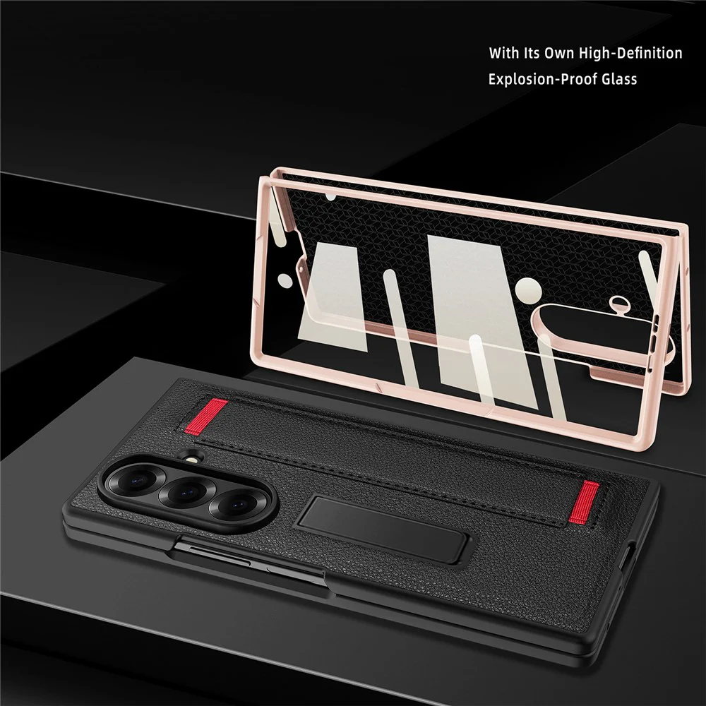 For Samsung Galaxy Z Fold7 5G Case Litchi Texture PU+PC Wristband Phone Cover with Screen / Lens Film - Red - Image 3