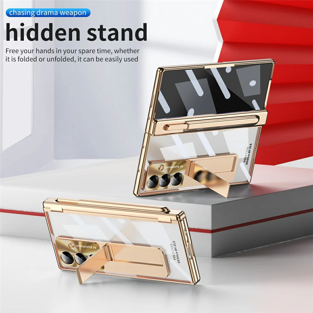 For Samsung Galaxy Z Fold7 5G Case Magnetic Hinge Electroplated PC Phone Cover with Tempered Glass Film / Stylus - Gold - Image 6