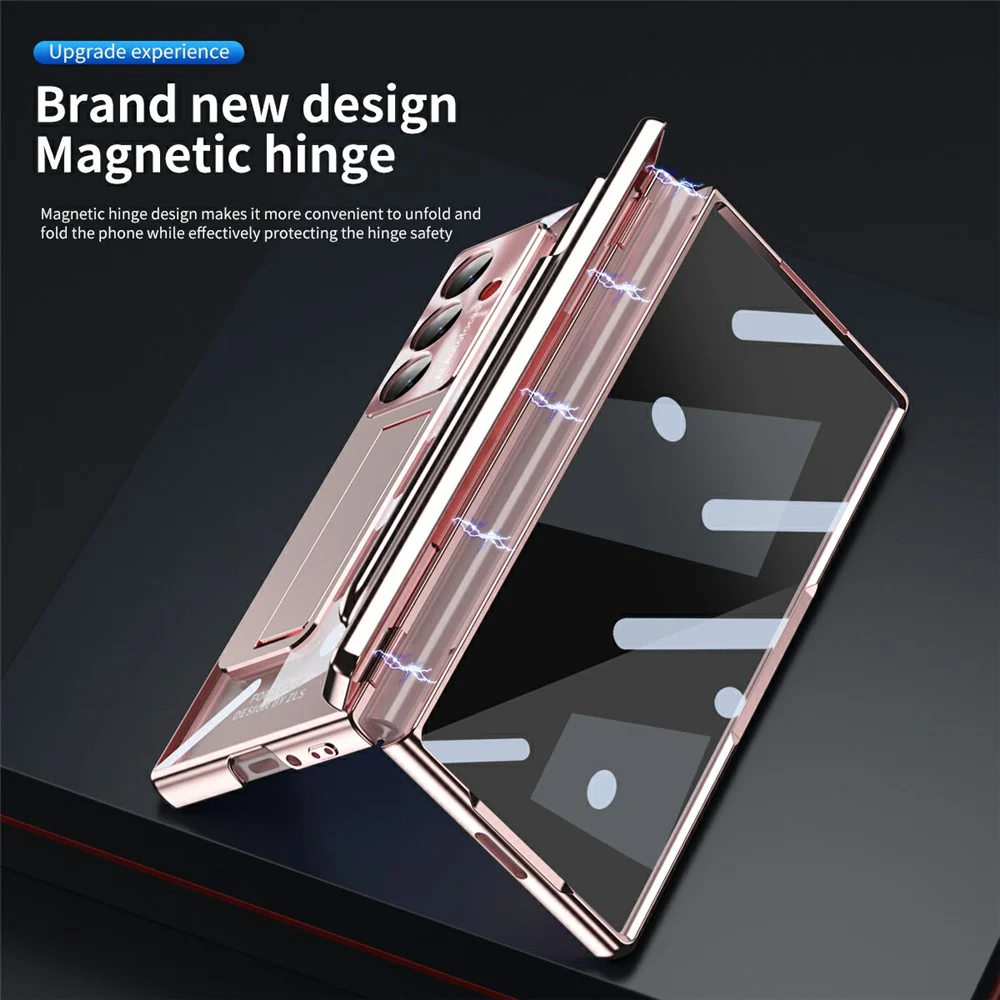For Samsung Galaxy Z Fold7 5G Case Magnetic Hinge Electroplated PC Phone Cover with Tempered Glass Film / Stylus - Pink - Image 7