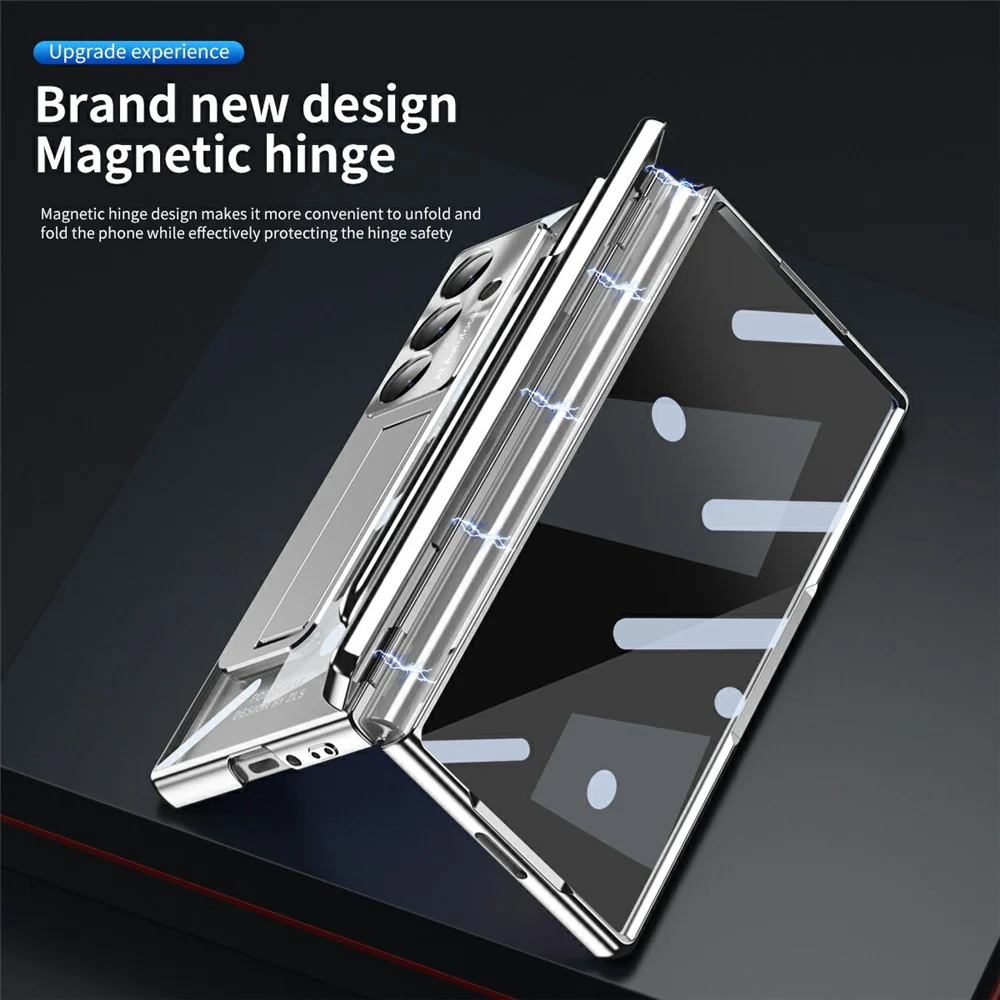 For Samsung Galaxy Z Fold7 5G Case Magnetic Hinge Electroplated PC Phone Cover with Tempered Glass Film / Stylus - Silver - Image 7
