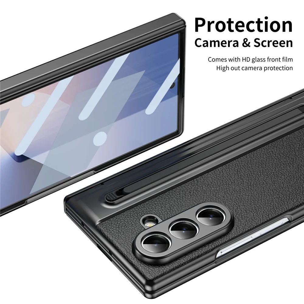 For Samsung Galaxy Z Fold7 5G Case Matte Electroplated Leather + PC Phone Cover with Screen Film / Stylus - Black - Image 6