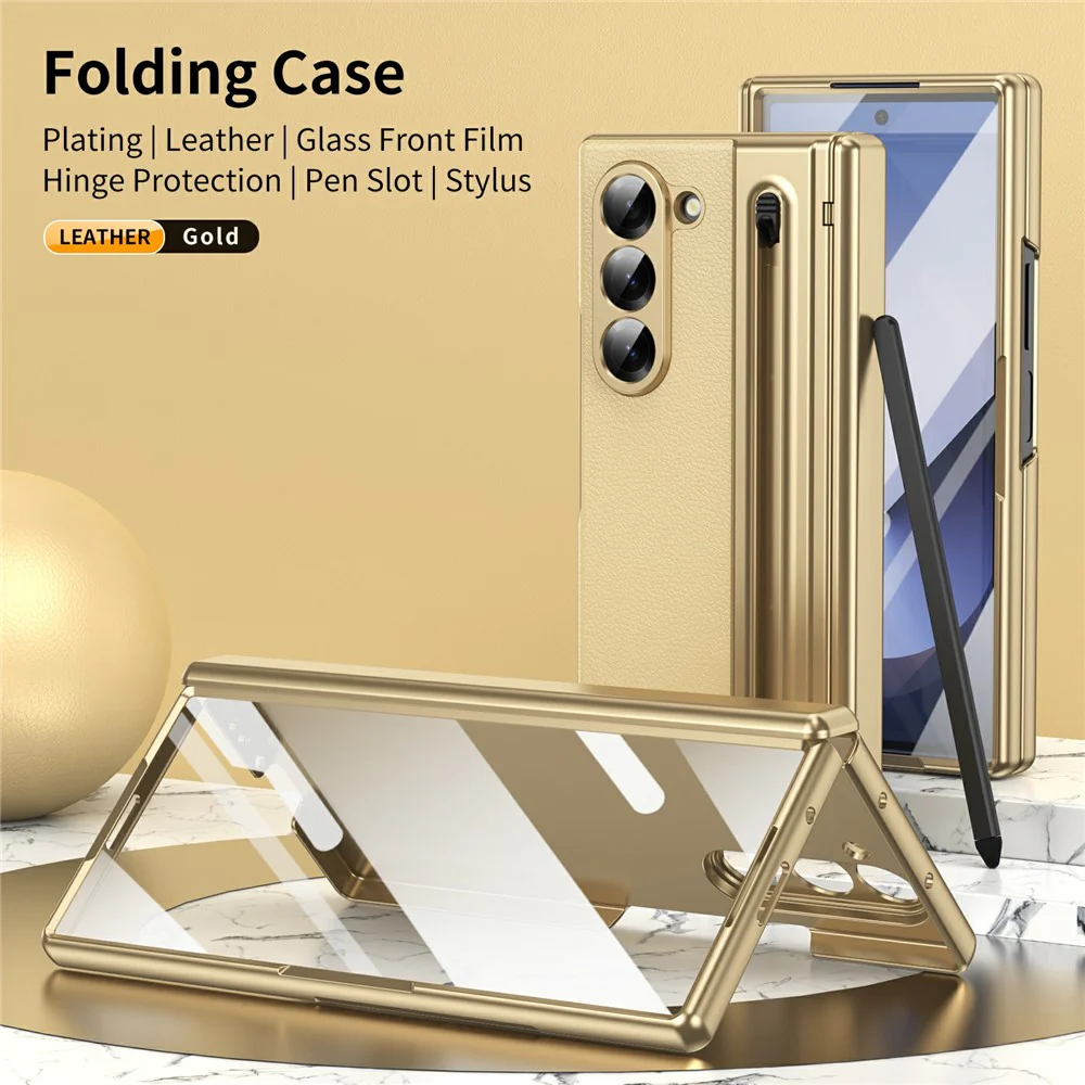 For Samsung Galaxy Z Fold7 5G Case Matte Electroplated Leather + PC Phone Cover with Screen Film / Stylus - Gold - Image 2