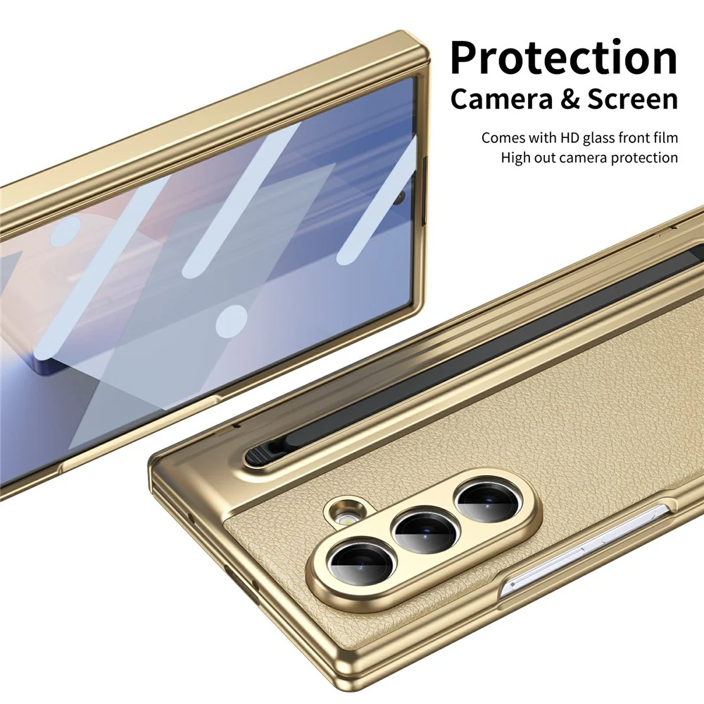 For Samsung Galaxy Z Fold7 5G Case Matte Electroplated Leather + PC Phone Cover with Screen Film / Stylus - Gold - Image 6