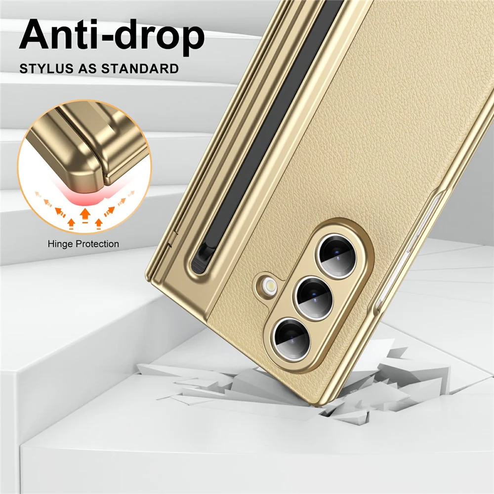For Samsung Galaxy Z Fold7 5G Case Matte Electroplated Leather + PC Phone Cover with Screen Film / Stylus - Gold - Image 8