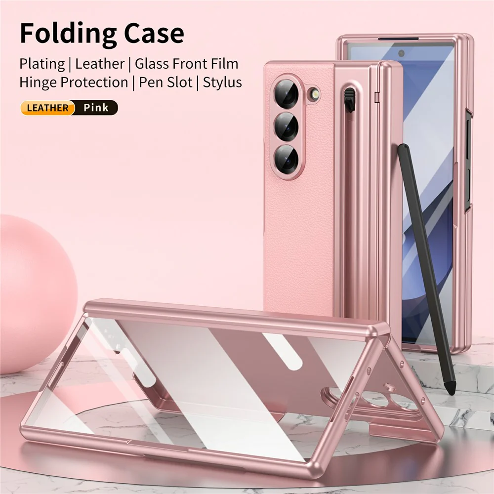 For Samsung Galaxy Z Fold7 5G Case Matte Electroplated Leather + PC Phone Cover with Screen Film / Stylus - Pink - Image 2