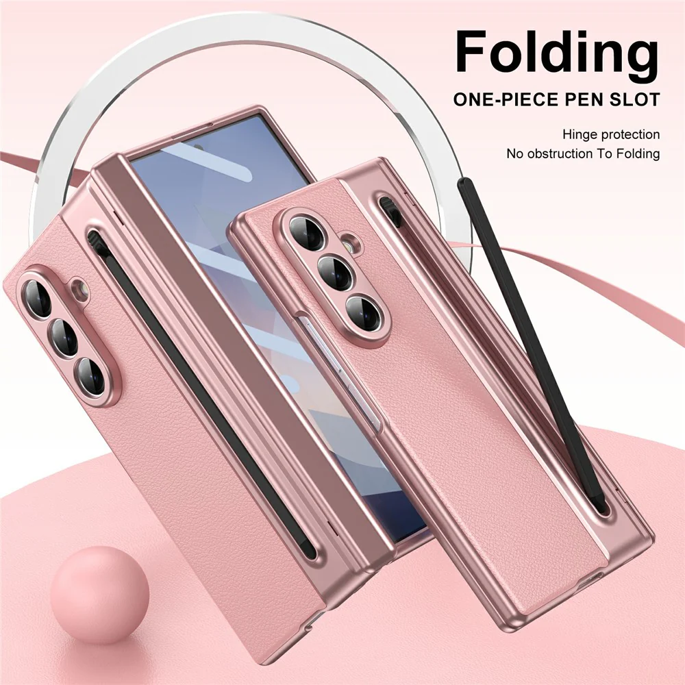 For Samsung Galaxy Z Fold7 5G Case Matte Electroplated Leather + PC Phone Cover with Screen Film / Stylus - Pink - Image 3