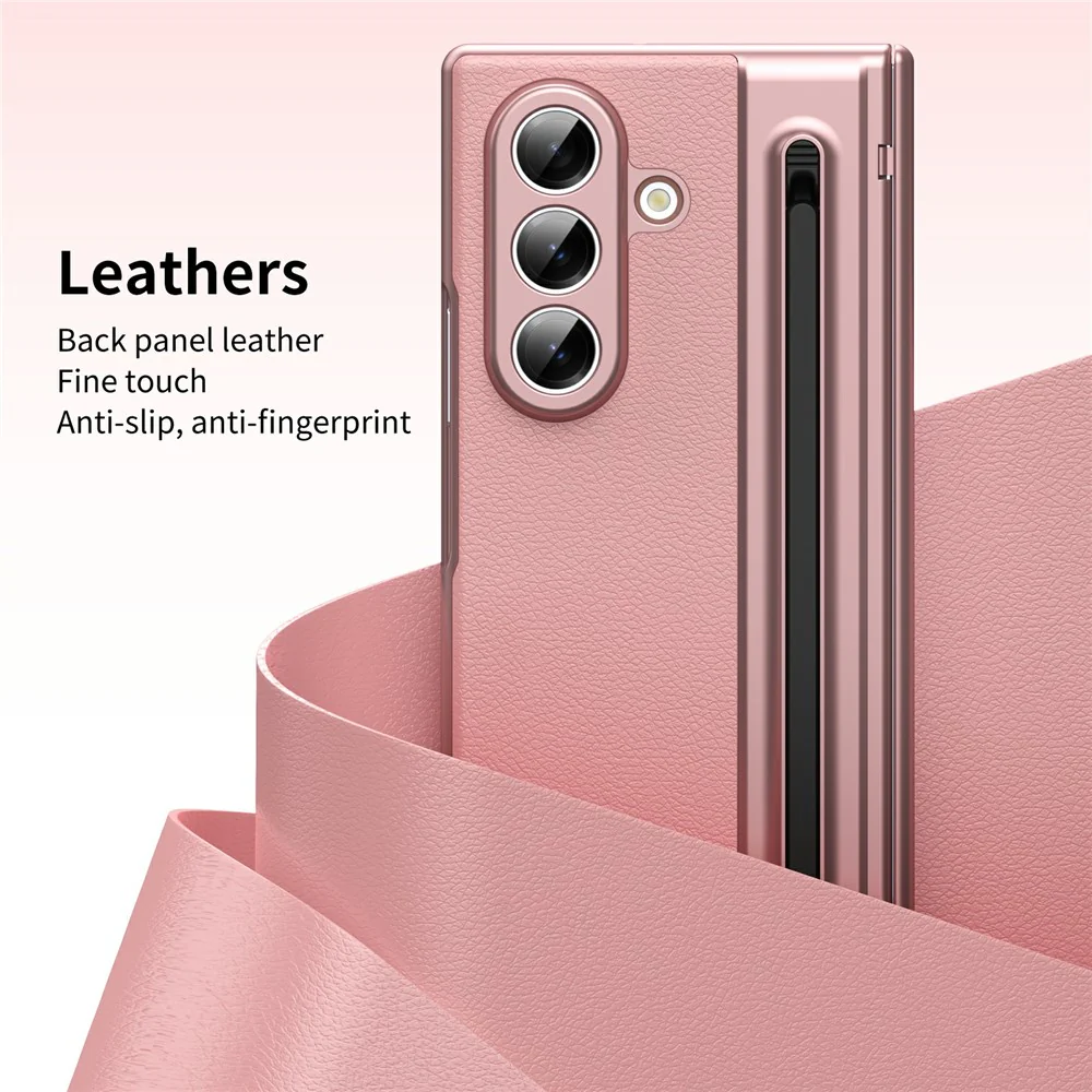 For Samsung Galaxy Z Fold7 5G Case Matte Electroplated Leather + PC Phone Cover with Screen Film / Stylus - Pink - Image 4