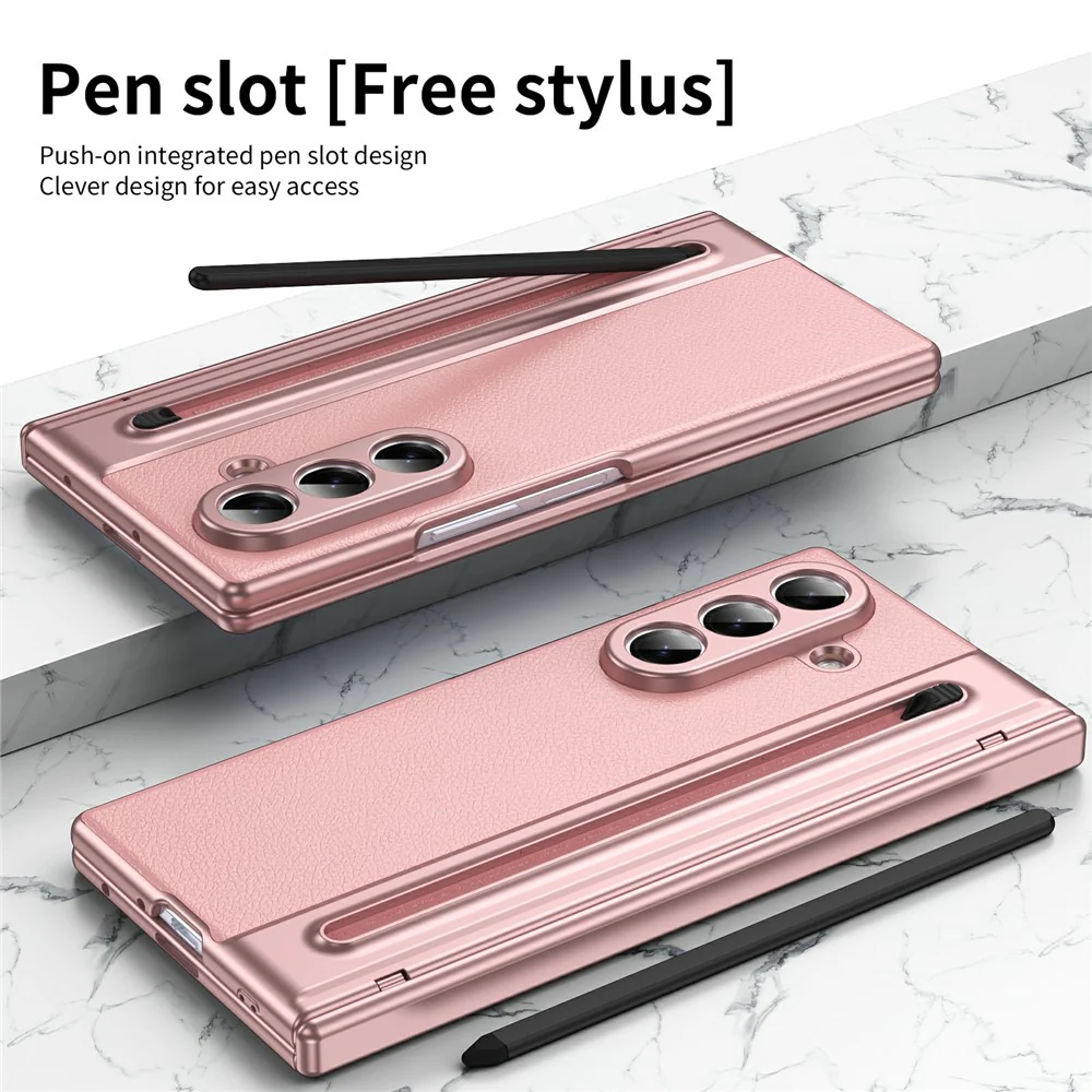 For Samsung Galaxy Z Fold7 5G Case Matte Electroplated Leather + PC Phone Cover with Screen Film / Stylus - Pink - Image 5