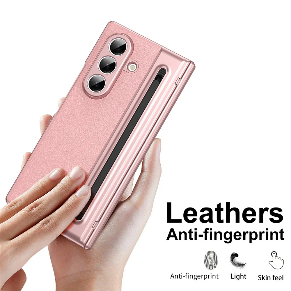 For Samsung Galaxy Z Fold7 5G Case Matte Electroplated Leather + PC Phone Cover with Screen Film / Stylus - Pink - Image 7