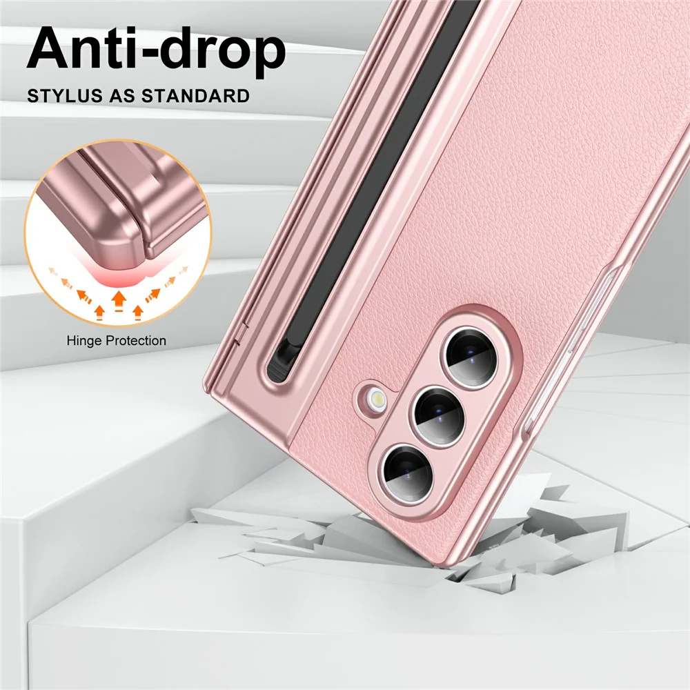 For Samsung Galaxy Z Fold7 5G Case Matte Electroplated Leather + PC Phone Cover with Screen Film / Stylus - Pink - Image 8