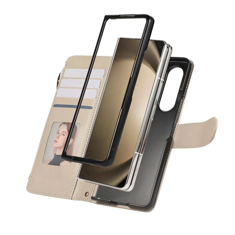 For Samsung Galaxy Z Fold7 5G Case Multi Card Slots Zipper Leather Phone Cover with Wrist Strap - Beige - Image 5
