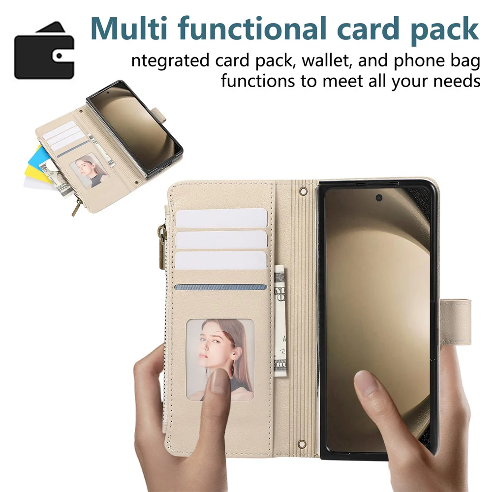 For Samsung Galaxy Z Fold7 5G Case Multi Card Slots Zipper Leather Phone Cover with Wrist Strap - Beige - Image 6