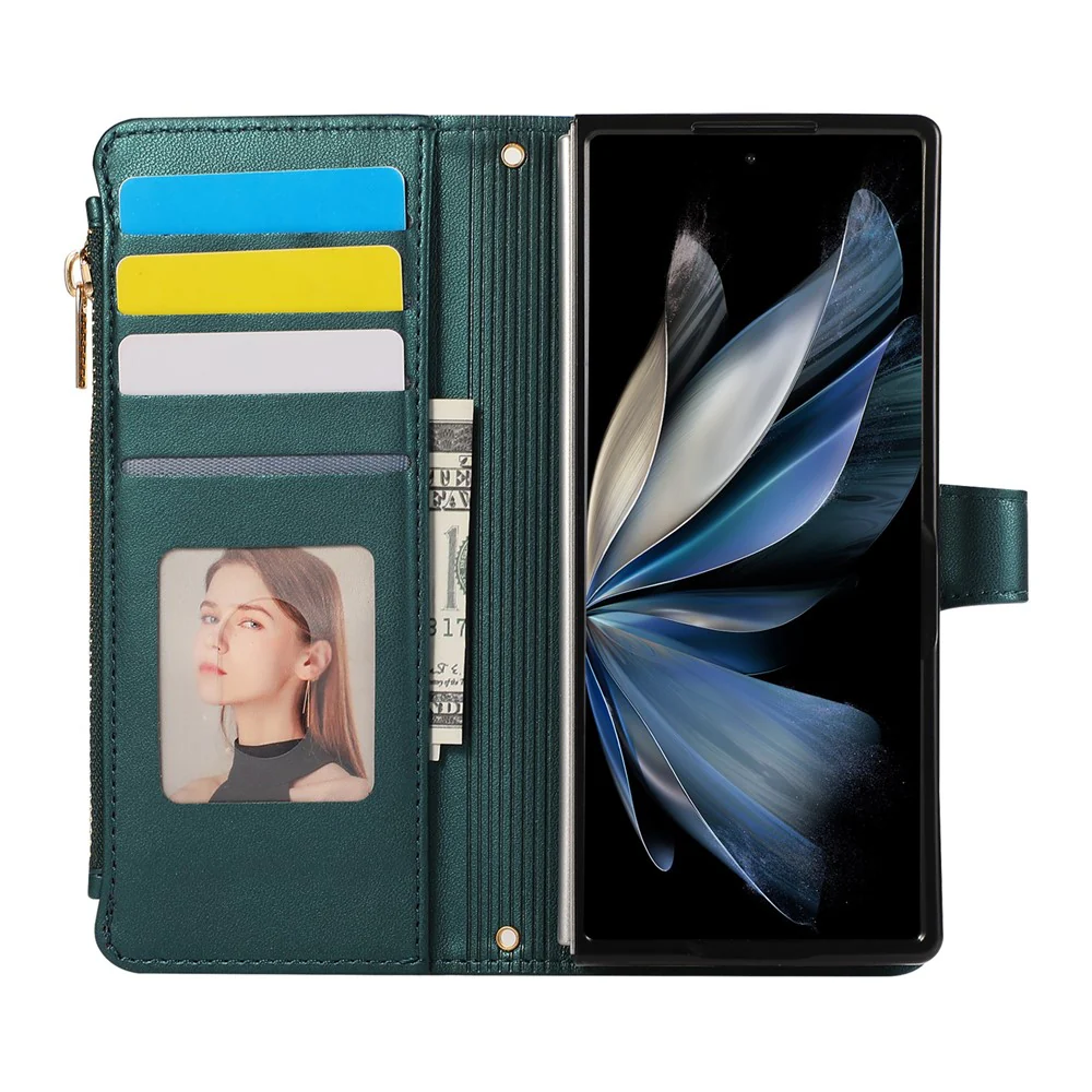 For Samsung Galaxy Z Fold7 5G Case Multi Card Slots Zipper Rhombus Leather Phone Cover with Wrist Strap - Green - Image 2