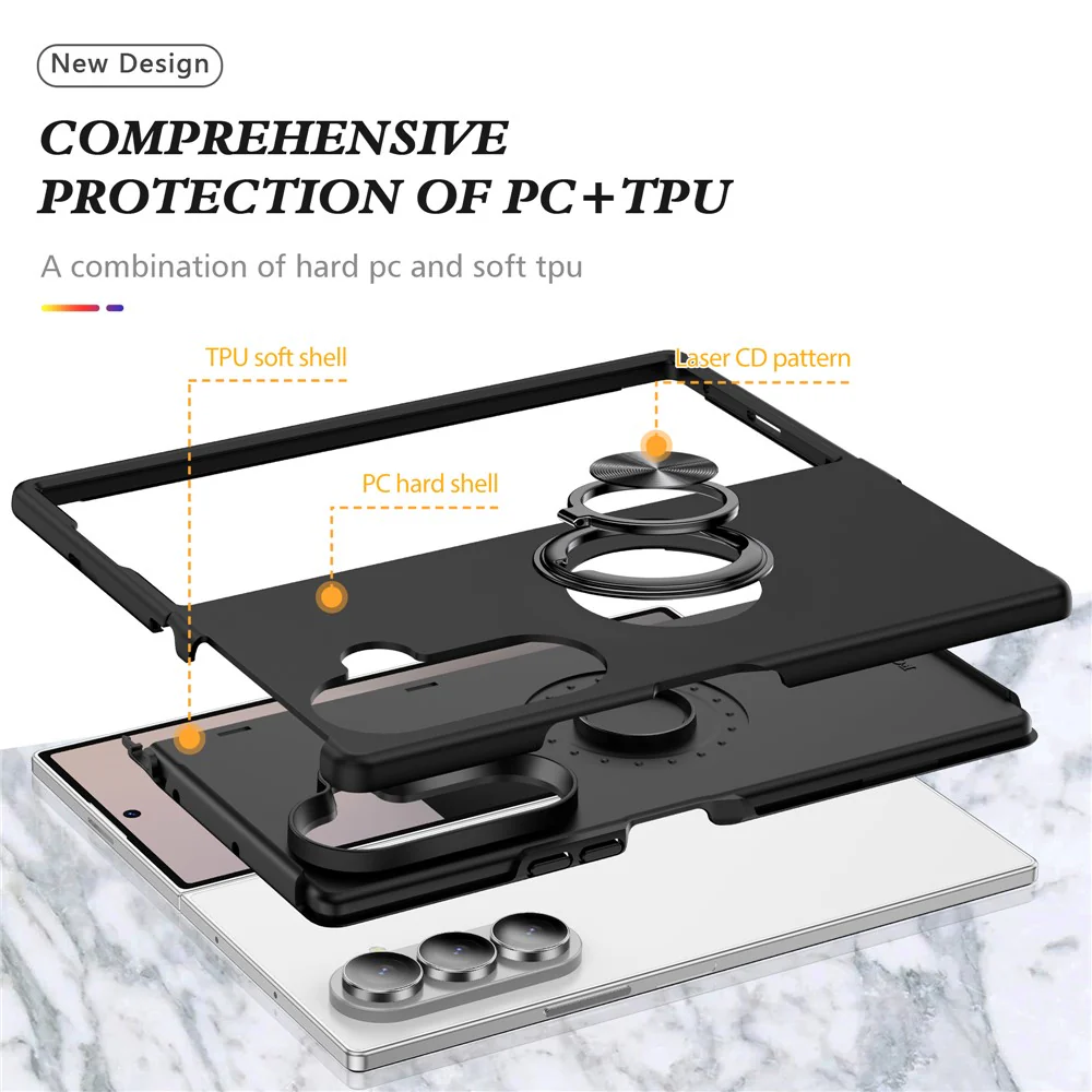 For Samsung Galaxy Z Fold7 5G Case PC + TPU Phone Cover with Rotatable Ring Holder - Black - Image 8