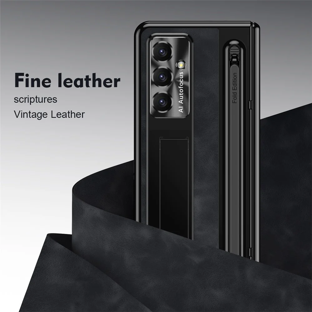 For Samsung Galaxy Z Fold7 5G Case Pen Slot Leather + PC Kickstand Phone Cover with Tempered Glass Film, Stylus - Black - Image 3