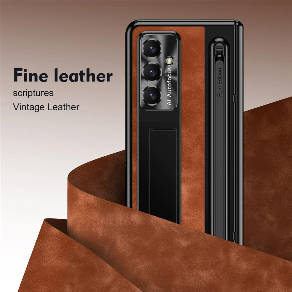 For Samsung Galaxy Z Fold7 5G Case Pen Slot Leather + PC Kickstand Phone Cover with Tempered Glass Film, Stylus - Brown - Image 2