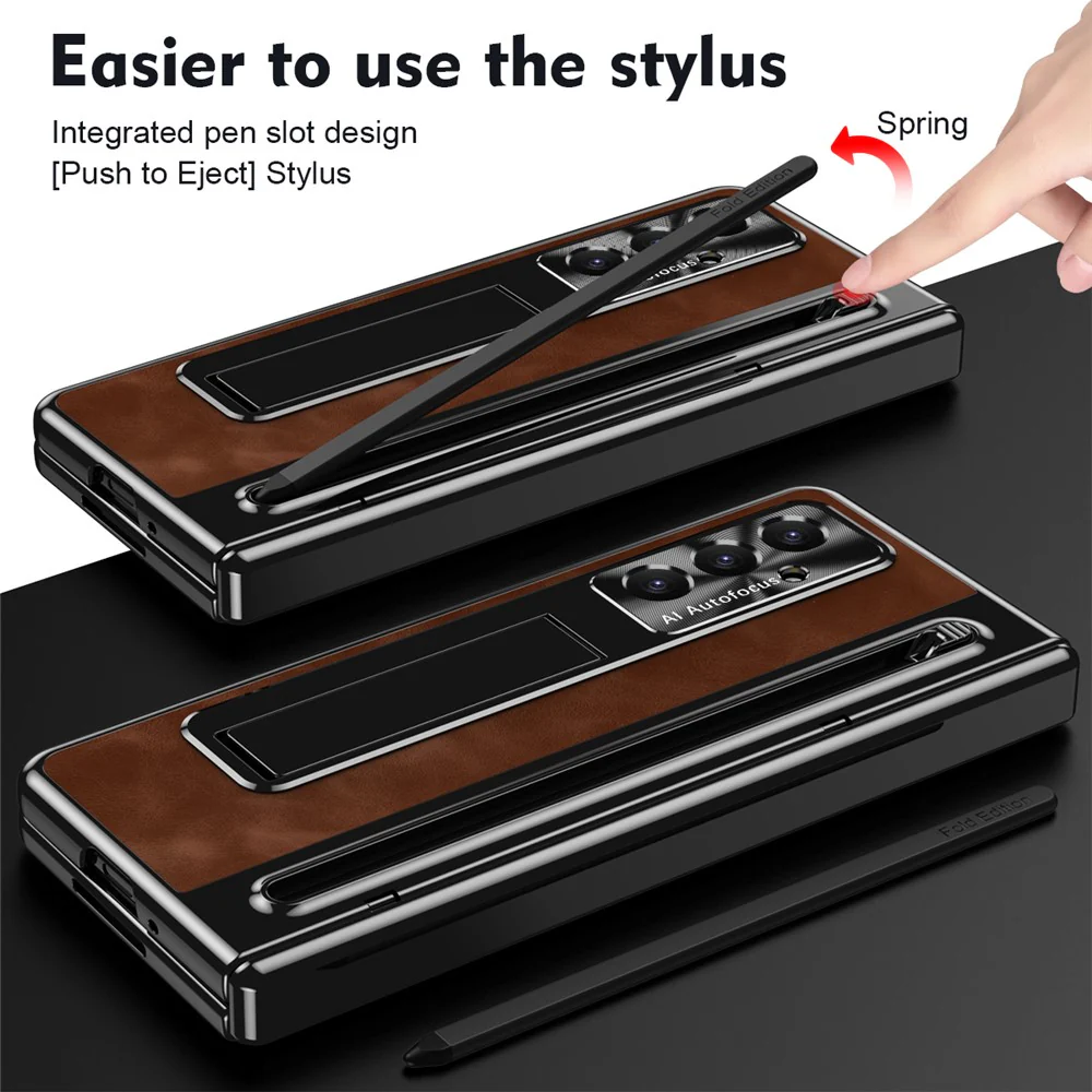For Samsung Galaxy Z Fold7 5G Case Pen Slot Leather + PC Kickstand Phone Cover with Tempered Glass Film, Stylus - Brown - Image 6