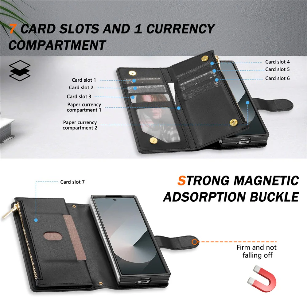 For Samsung Galaxy Z Fold7 5G Case Rhombus Stitching Leather Wallet Phone Cover with Long / Short Strap - Black - Image 8