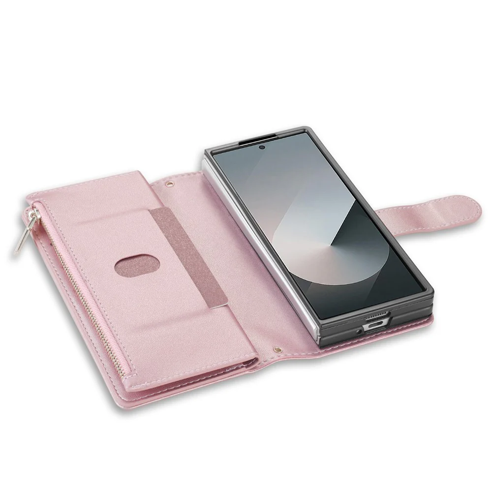 For Samsung Galaxy Z Fold7 5G Case Rhombus Stitching Leather Wallet Phone Cover with Long  /  Short Strap - Rose Gold - Image 5