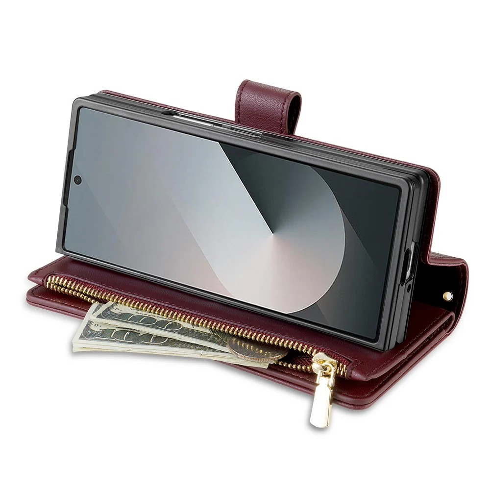For Samsung Galaxy Z Fold7 5G Case Rhombus Stitching Leather Wallet Phone Cover with Long / Short Strap - Wine Red - Image 3