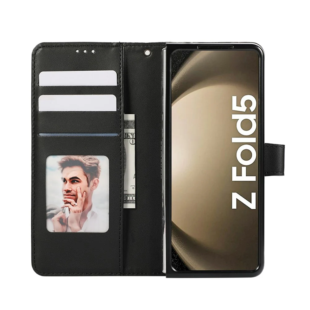 For Samsung Galaxy Z Fold7 5G Case Splicing Imprinted Rhombus Leather Phone Cover with Wrist Strap - Black - Image 3