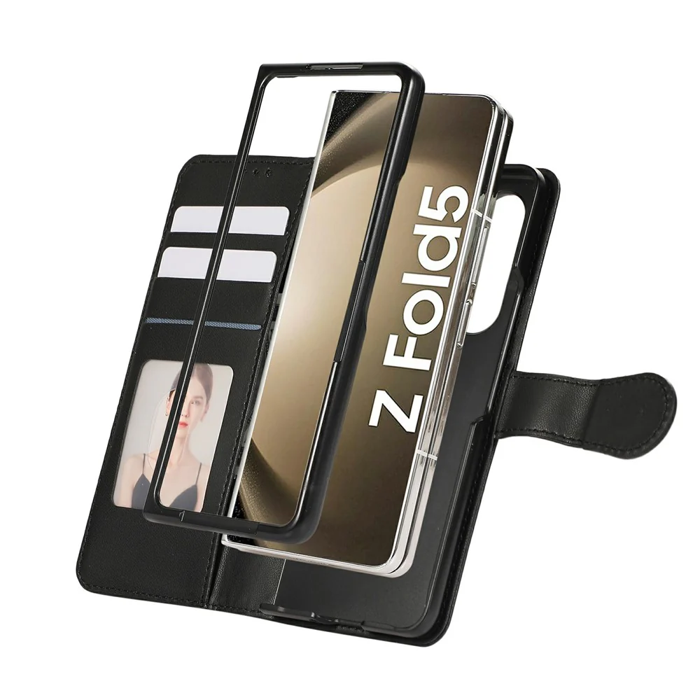 For Samsung Galaxy Z Fold7 5G Case Splicing Imprinted Rhombus Leather Phone Cover with Wrist Strap - Black - Image 4