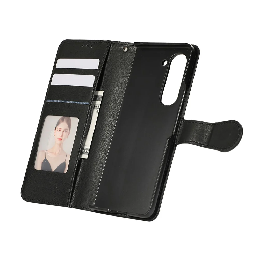 For Samsung Galaxy Z Fold7 5G Case Splicing Imprinted Rhombus Leather Phone Cover with Wrist Strap - Black - Image 5