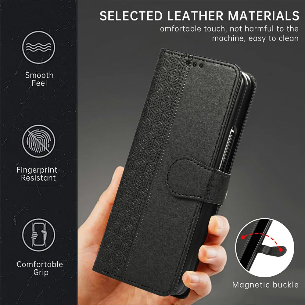 For Samsung Galaxy Z Fold7 5G Case Splicing Imprinted Rhombus Leather Phone Cover with Wrist Strap - Black - Image 6