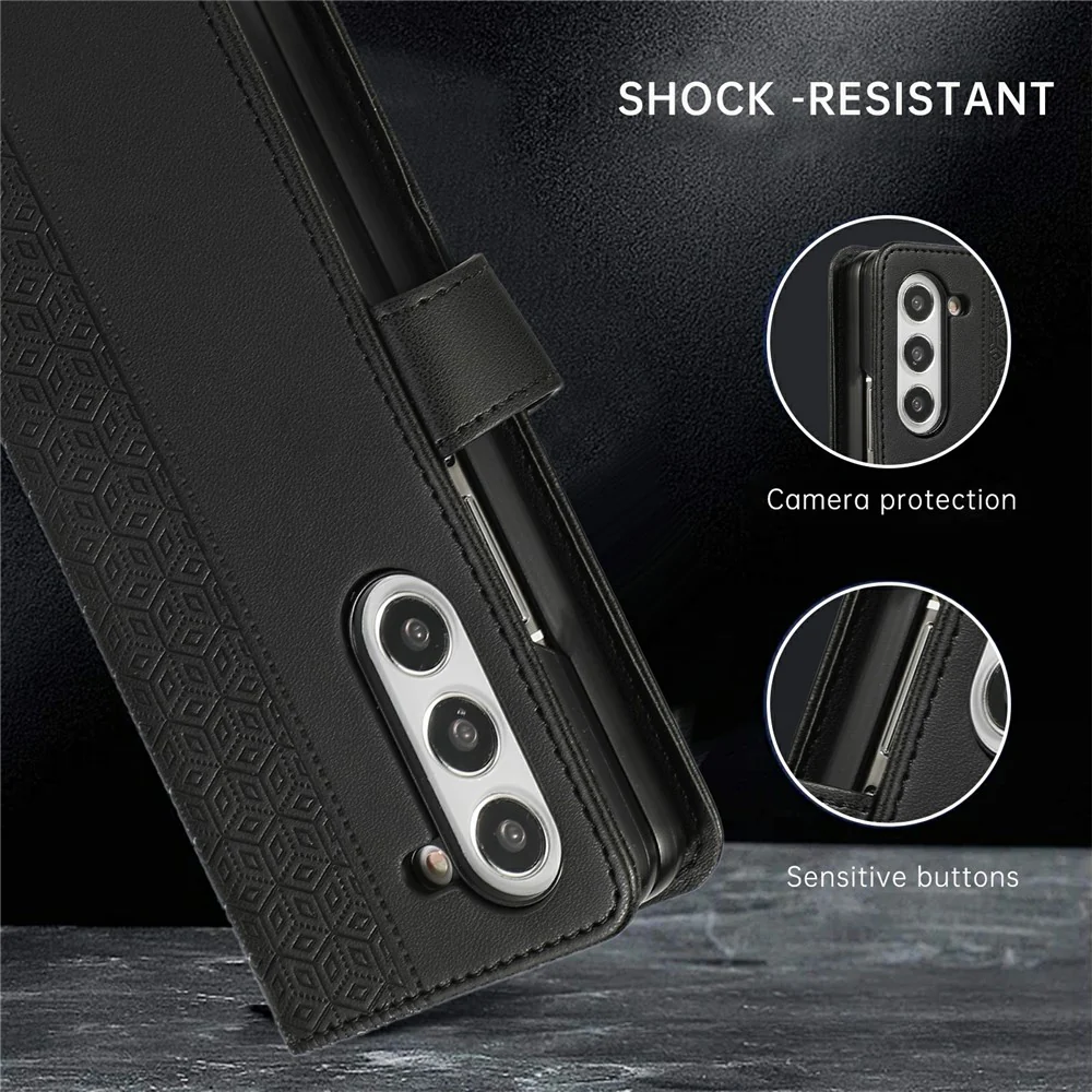 For Samsung Galaxy Z Fold7 5G Case Splicing Imprinted Rhombus Leather Phone Cover with Wrist Strap - Black - Image 7