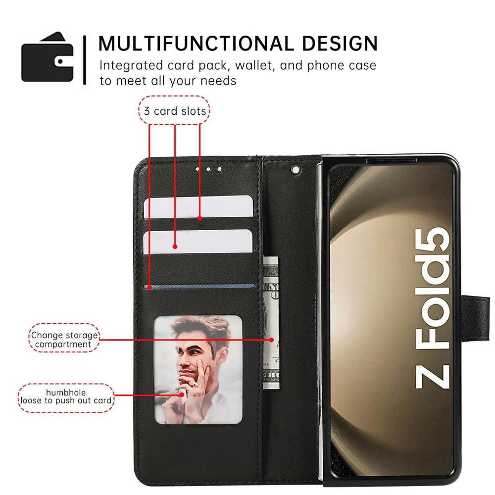 For Samsung Galaxy Z Fold7 5G Case Splicing Imprinted Rhombus Leather Phone Cover with Wrist Strap - Black - Image 8