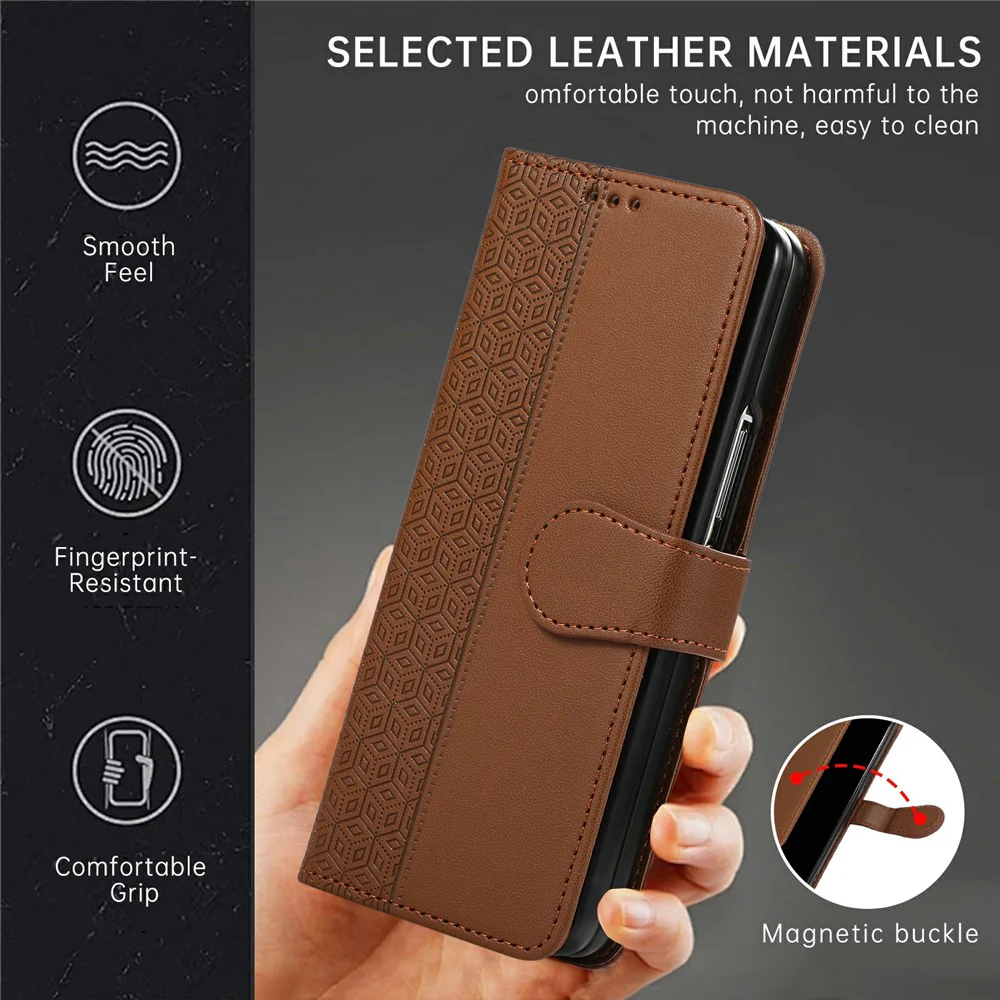 For Samsung Galaxy Z Fold7 5G Case Splicing Imprinted Rhombus Leather Phone Cover with Wrist Strap - Brown - Image 6