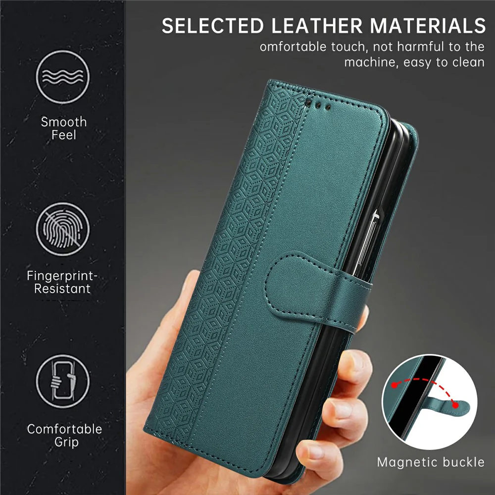 For Samsung Galaxy Z Fold7 5G Case Splicing Imprinted Rhombus Leather Phone Cover with Wrist Strap - Green - Image 6
