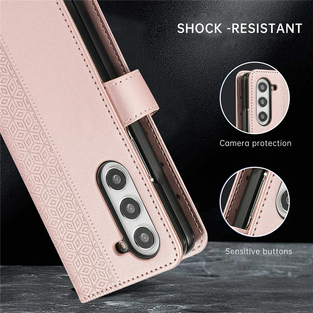 For Samsung Galaxy Z Fold7 5G Case Splicing Imprinted Rhombus Leather Phone Cover with Wrist Strap - Rose Gold - Image 7